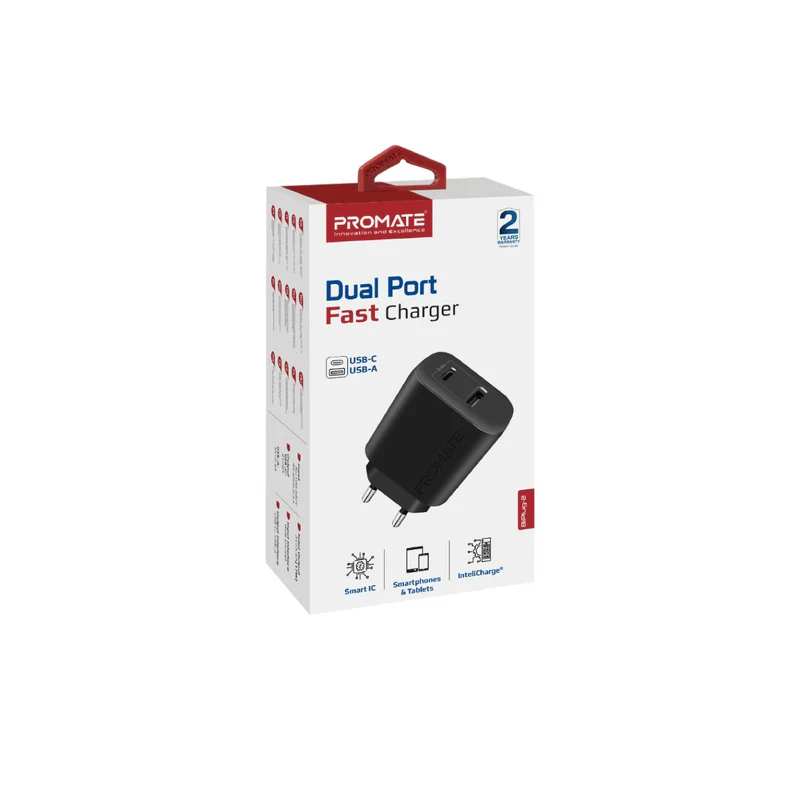 [BiPlug-2-EU-Black] Promate Dual Port USB C&A FAST Charger (Black)