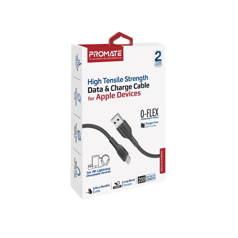 Promate Tangle Free USB-A to Lightning Data & Charge 2 Meters Cable