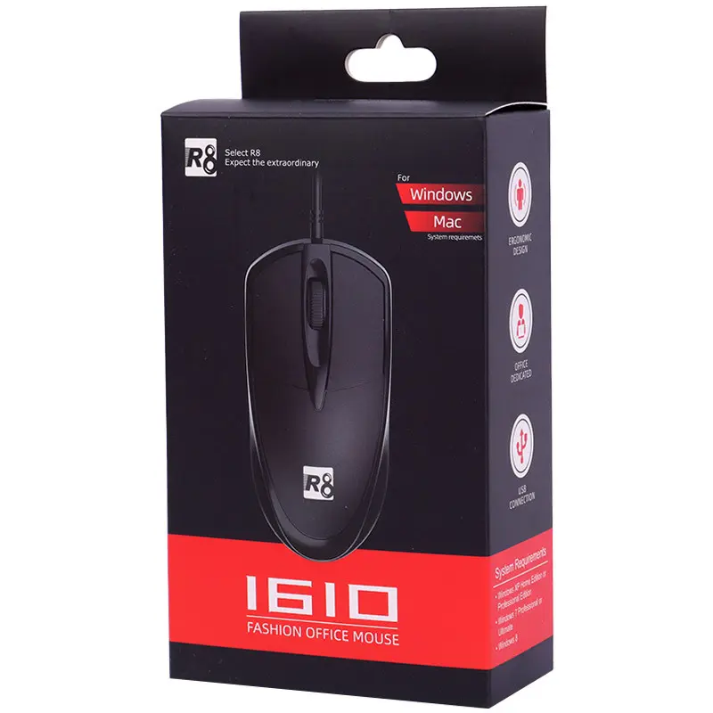 [R8-1610] R8 1610 USB Wired Optical Black (1600 DPI) Win/Mac Office Mouse
