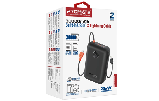 [PowerPod-30.Black] Promate 30,000mAh 35W PD Built-in USB-C & Lightning Cable
