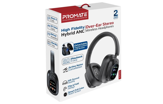 Promate 50 Hours HD Over-Ear Stereo Wireless Headphones with Detachable Screen