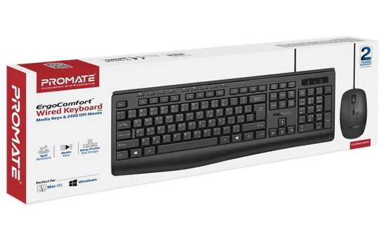 [Combo-CM4.EN-AR] Promate ErgoComfort Wired Keyboard with Media Keys & 2400 DPI Mouse