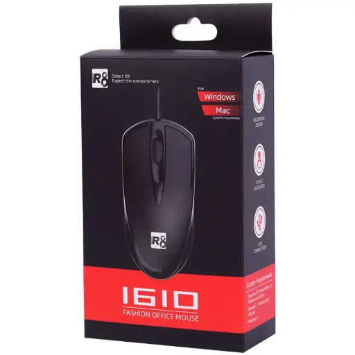 [R8-1610] R8 1610 USB Wired Optical Black (1600 DPI) Win/Mac Office Mouse