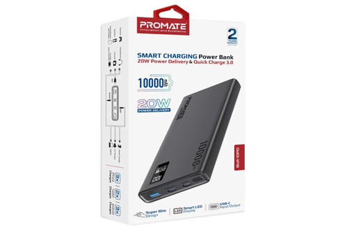 [Bolt-10PD.Black] Promate 2W PD 10,000 mAh Smart Charging Power Bank