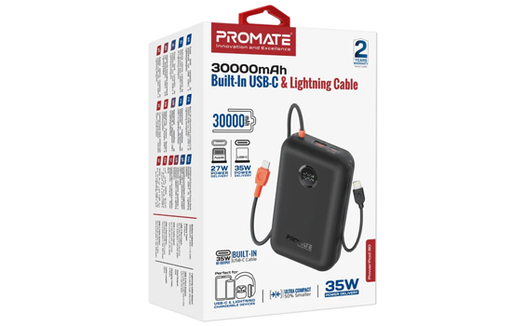 [PowerPod-30.Black] Promate 30,000mAh 35W PD Built-in USB-C & Lightning Cable