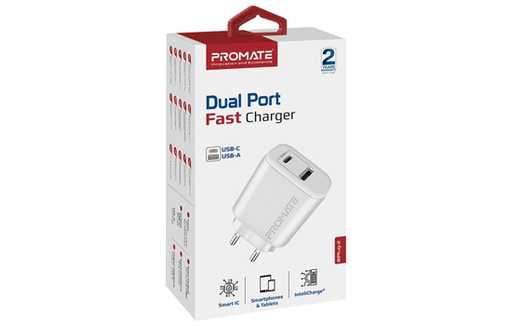 [BiPlug-2.EU-White] Promate Dual Port FAST Charger USB C&A