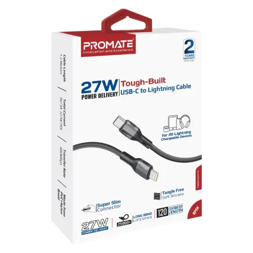 [FletchLink-Ci-Black] Promate 27W PD Tough-Built USB-C to Lightning 1.2 Meters Cable